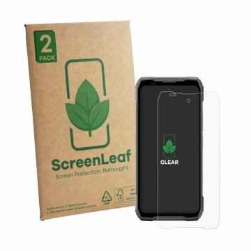 Vorderseite einer Produktverpackung mit dem Markenlogo ScreenLeaf. Daneben ist das Gerät Blackview Xplore 6 mit dem zugehörige