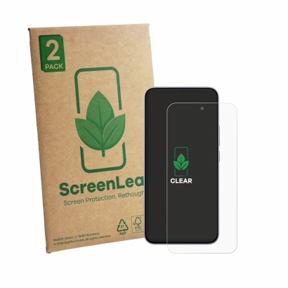 Parte frontale di una confezione del prodotto con il logo del marchio ScreenLeaf. Accanto è raffigurato il dispositivo Xiaomi 