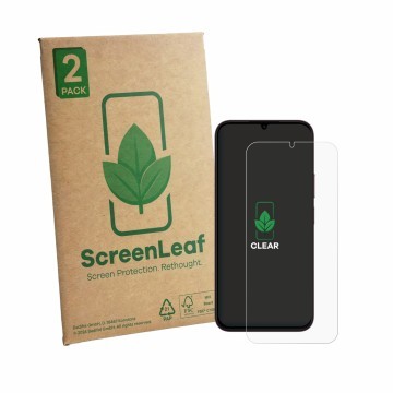Front side of a product packaging with the brand logo ScreenLeaf. Next to it is the device OnePlus N6X shown with the correspo