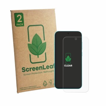 Face avant d’un emballage produit avec le logo de la marque ScreenLeaf. À côté, l’appareil Oppo F35 Pro est représenté avec la