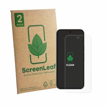 Parte frontal de un envase de producto con el logotipo de la marca ScreenLeaf. Al lado se muestra el dispositivo Google Pixel 