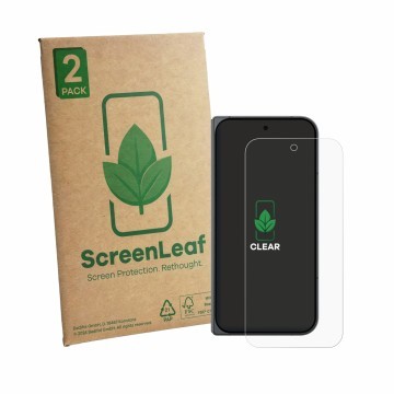 Parte frontale di una confezione del prodotto con il logo del marchio ScreenLeaf. Accanto è raffigurato il dispositivo Google 