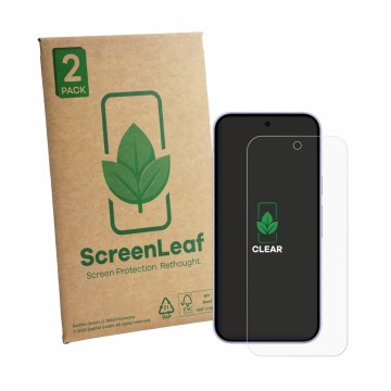 Parte frontal de un envase de producto con el logotipo de la marca ScreenLeaf. Al lado se muestra el dispositivo Google Pixel 