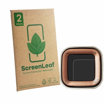 Parte frontal de un envase de producto con el logotipo de la marca ScreenLeaf. Al lado se muestra el dispositivo Miele Guard L