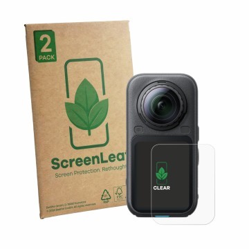 Face avant d’un emballage produit avec le logo de la marque ScreenLeaf. À côté, l’appareil Insta360 X6 est représenté avec la 