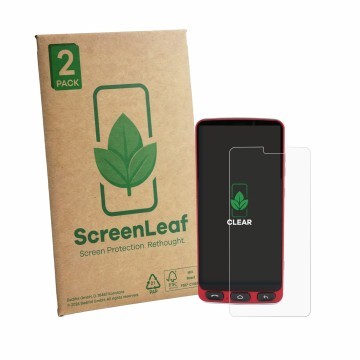 Vorderseite einer Produktverpackung mit dem Markenlogo ScreenLeaf. Daneben ist das Gerät Olympia Neo Plus mit dem zugehörigen 