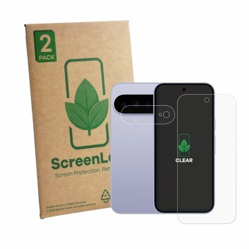 Parte frontal de un envase de producto con el logotipo de la marca ScreenLeaf. Al lado se muestra el dispositivo Google Pixel 