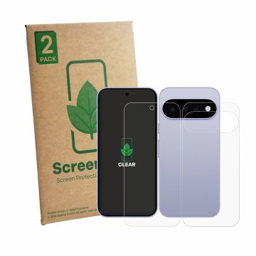 Parte frontal de un envase de producto con el logotipo de la marca ScreenLeaf. Al lado se muestra el dispositivo Google Pixel 