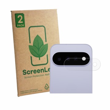 Parte frontal de un envase de producto con el logotipo de la marca ScreenLeaf. Al lado se muestra el dispositivo Google Pixel 