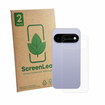 Parte frontal de un envase de producto con el logotipo de la marca ScreenLeaf. Al lado se muestra el dispositivo Google Pixel 