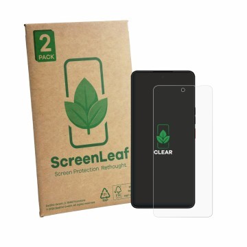 Front side of a product packaging with the brand logo ScreenLeaf. Next to it is the device Volla Phone Plinius Plus shown with