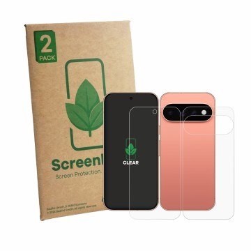 Parte frontal de un envase de producto con el logotipo de la marca ScreenLeaf. Al lado se muestra el dispositivo Google Pixel 