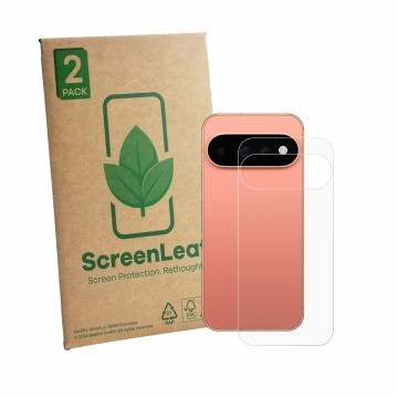 Parte frontal de un envase de producto con el logotipo de la marca ScreenLeaf. Al lado se muestra el dispositivo Google Pixel 