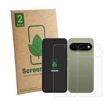 Parte frontal de un envase de producto con el logotipo de la marca ScreenLeaf. Al lado se muestra el dispositivo Google Pixel 