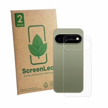 Parte frontal de un envase de producto con el logotipo de la marca ScreenLeaf. Al lado se muestra el dispositivo Google Pixel 