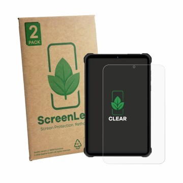 Parte frontal de un envase de producto con el logotipo de la marca ScreenLeaf. Al lado se muestra el dispositivo Oukitel RT11 