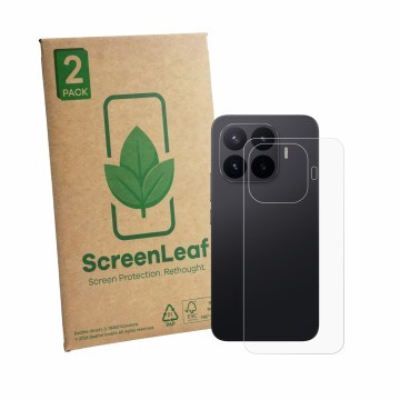 Parte frontale di una confezione del prodotto con il logo del marchio ScreenLeaf. Accanto è raffigurato il dispositivo Xiaomi 
