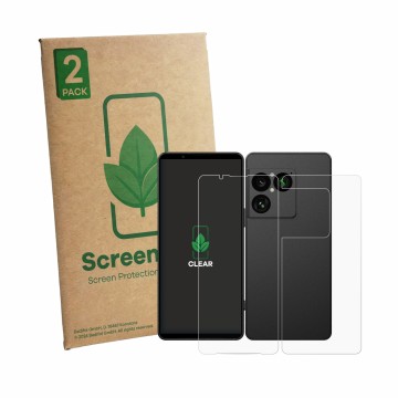 Vorderseite einer Produktverpackung mit dem Markenlogo ScreenLeaf. Daneben ist das Gerät Sony Xperia 1 VIII (Display+Rückseite