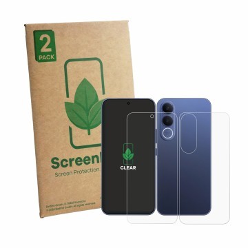 Front side of a product packaging with the brand logo ScreenLeaf. Next to it is the device Vivo V70 FE (Front+Back) shown with