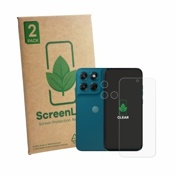 Face avant d’un emballage produit avec le logo de la marque ScreenLeaf. À côté, l’appareil Motorola Moto G77 (Avant+Caméra) es