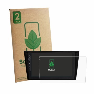 Face avant d’un emballage produit avec le logo de la marque ScreenLeaf. À côté, l’appareil Dynavin D10-W211 Premium est représ