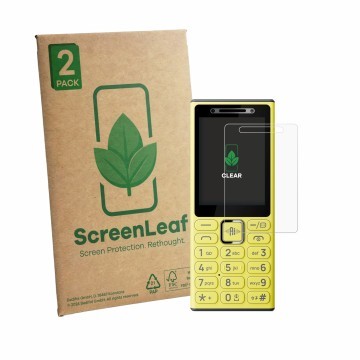 Parte frontale di una confezione del prodotto con il logo del marchio ScreenLeaf. Accanto è raffigurato il dispositivo Nokia 2