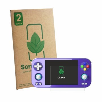 Front side of a product packaging with the brand logo ScreenLeaf. Next to it is the device Anbernic RG 476H shown with the cor