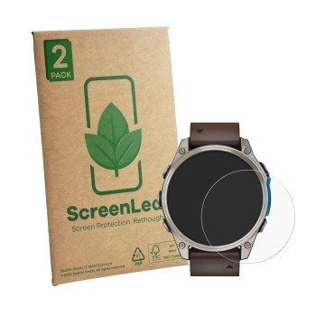 Face avant d’un emballage produit avec le logo de la marque ScreenLeaf. À côté, l’appareil Garmin D2 Mach 2 (47 mm) est représ
