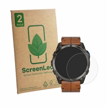 Parte frontal de un envase de producto con el logotipo de la marca ScreenLeaf. Al lado se muestra el dispositivo Garmin D2 Mac