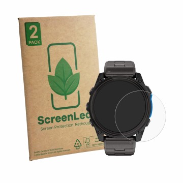 Parte frontal de un envase de producto con el logotipo de la marca ScreenLeaf. Al lado se muestra el dispositivo Garmin D2 Mac