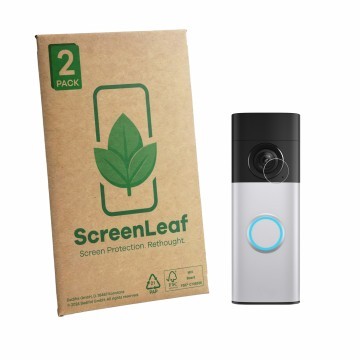 Vorderseite einer Produktverpackung mit dem Markenlogo ScreenLeaf. Daneben ist das Gerät Ring Battery Video Doorbell Plus (2. 