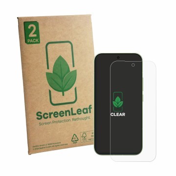 Vorderseite einer Produktverpackung mit dem Markenlogo ScreenLeaf. Daneben ist das Gerät Xiaomi Poco F9 Pro mit dem zugehörige