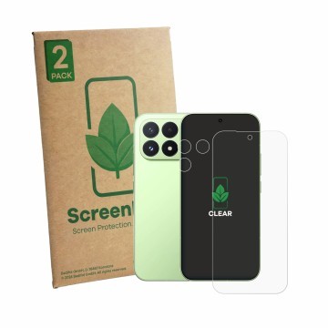 Parte frontal de un envase de producto con el logotipo de la marca ScreenLeaf. Al lado se muestra el dispositivo Xiaomi Poco F