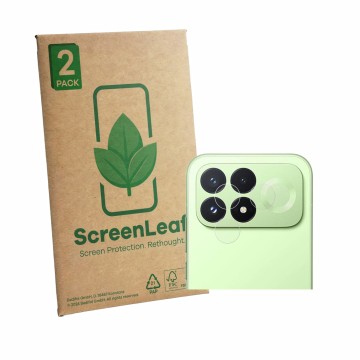 Parte frontal de un envase de producto con el logotipo de la marca ScreenLeaf. Al lado se muestra el dispositivo Xiaomi Poco F