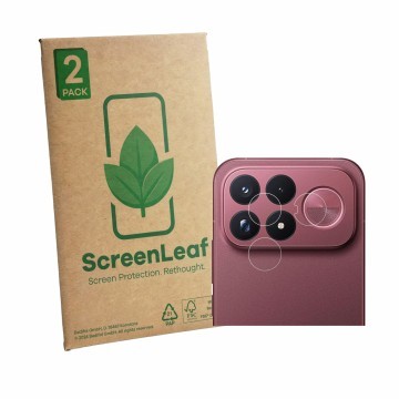 Parte frontal de un envase de producto con el logotipo de la marca ScreenLeaf. Al lado se muestra el dispositivo Xiaomi Poco F
