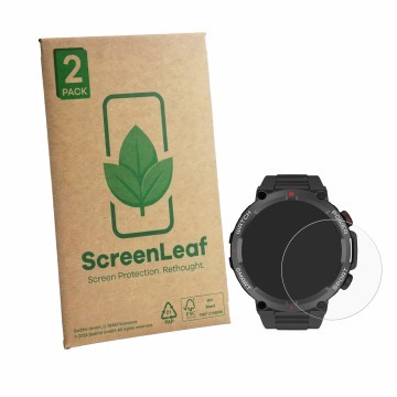Vorderseite einer Produktverpackung mit dem Markenlogo ScreenLeaf. Daneben ist das Gerät Neow W-Watch 1.39