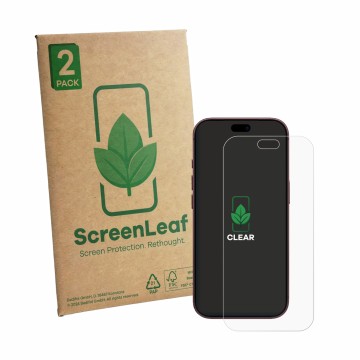 Parte frontal de un envase de producto con el logotipo de la marca ScreenLeaf. Al lado se muestra el dispositivo Apple iPhone 