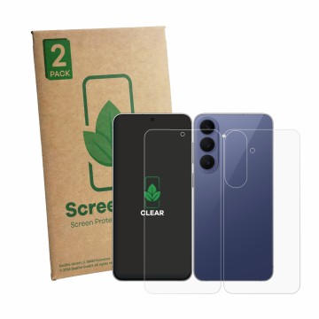 Face avant d’un emballage produit avec le logo de la marque ScreenLeaf. À côté, l’appareil Samsung Galaxy S26 FE (Avant+Arrièr