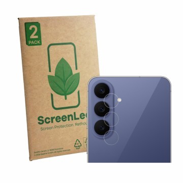 Face avant d’un emballage produit avec le logo de la marque ScreenLeaf. À côté, l’appareil Samsung Galaxy S26 FE (Caméra UNIQU