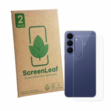 Face avant d’un emballage produit avec le logo de la marque ScreenLeaf. À côté, l’appareil Samsung Galaxy S26 FE (Arrière) est