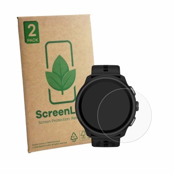 Front side of a product packaging with the brand logo ScreenLeaf. Next to it is the device Suunto Run 2 shown with the corresp