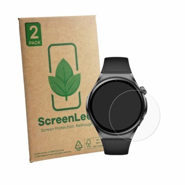 Vorderseite einer Produktverpackung mit dem Markenlogo ScreenLeaf. Daneben ist das Gerät Huawei Watch 6 46 mm mit dem zugehöri