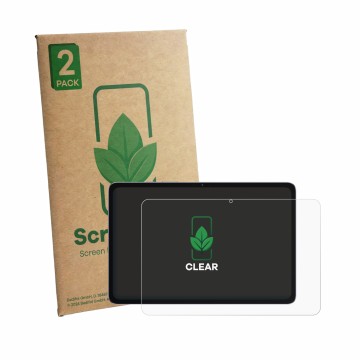 Parte frontal de un envase de producto con el logotipo de la marca ScreenLeaf. Al lado se muestra el dispositivo Infinix XPAD 