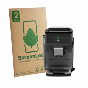 Vorderseite einer Produktverpackung mit dem Markenlogo ScreenLeaf. Daneben ist das Gerät Siemens EQ600 iAroma mit dem zugehöri