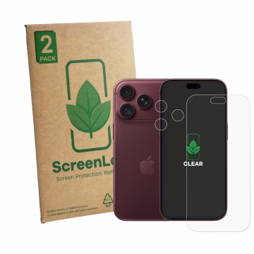 Parte frontal de un envase de producto con el logotipo de la marca ScreenLeaf. Al lado se muestra el dispositivo Apple iPhone 
