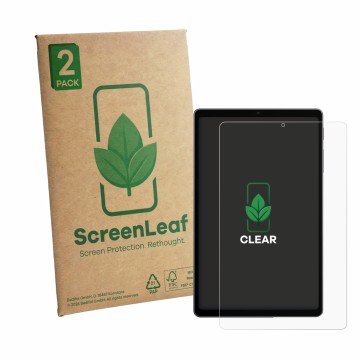 Parte frontal de un envase de producto con el logotipo de la marca ScreenLeaf. Al lado se muestra el dispositivo Alldocube iPl