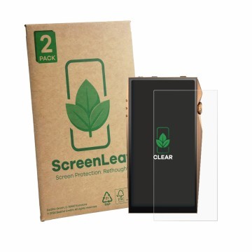 Parte frontal de un envase de producto con el logotipo de la marca ScreenLeaf. Al lado se muestra el dispositivo Astell&Kern A