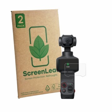 Front side of a product packaging with the brand logo ScreenLeaf. Next to it is the device Insta360 Luna Pro shown with the co