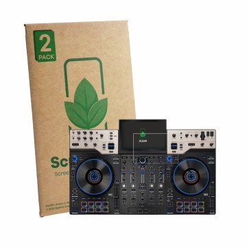 Front side of a product packaging with the brand logo ScreenLeaf. Next to it is the device Denon DJ Prime 4 G2 shown with the 