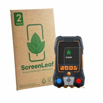 Face avant d’un emballage produit avec le logo de la marque ScreenLeaf. À côté, l’appareil Testo 558s est représenté avec la p